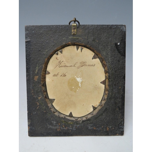 99 - A 19TH CENTURY OVAL PORTRAIT MINIATURE OF HANNAH JAMES AGED 26, see verso, unsigned, watercolour on ... 