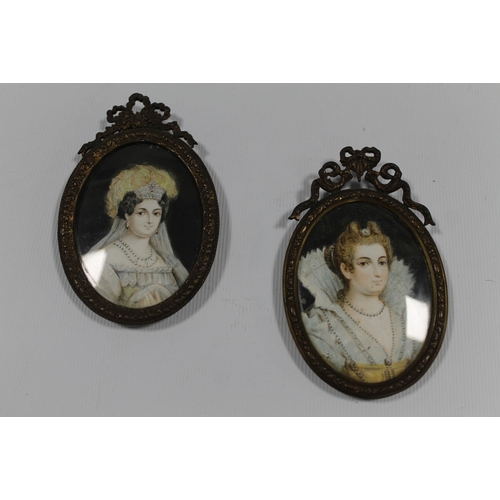110 - A PAIR OF 19TH CENTURY OVAL PORTRAIT MINIATURES OF ELEGANT YOUNG LADIES, unsigned, framed and glazed... 
