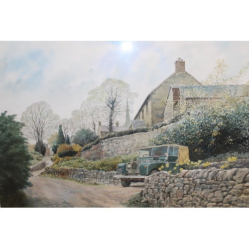 92 - MATTHEW GREENE (b.1967). Lincolnshire artist, village scene with \Land Rover 'Springtime, Butterton'... 