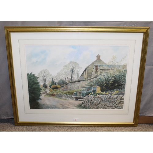 92 - MATTHEW GREENE (b.1967). Lincolnshire artist, village scene with \Land Rover 'Springtime, Butterton'... 