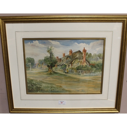 91 - STANLEY HARRIS. Village scene at Long Wittenham, Oxfordshire, see verso, with cottages and figures, ... 