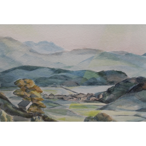 82 - MERYL WATTS (1910-1992). Impressionist  mountainous wooded lake scene with buildings, signed lower l... 