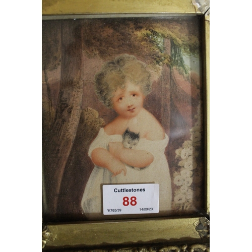 88 - (XVIII-XIX). Study of a young girl holding a cat in a wooded setting, unsigned, watercolour, framed ... 