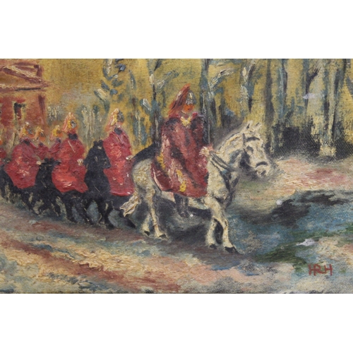 173 - H.R.H. (XX). Impressionist Winter scene with Horseguards parade, signed with monogram lower right, o... 