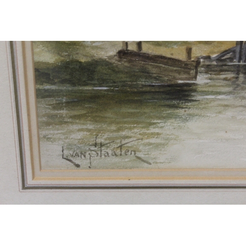 86 - LOUIS VAN STAATEN (XIX-XX). Dutch school, a pair of Dutch river scenes with towns, figures and boats... 