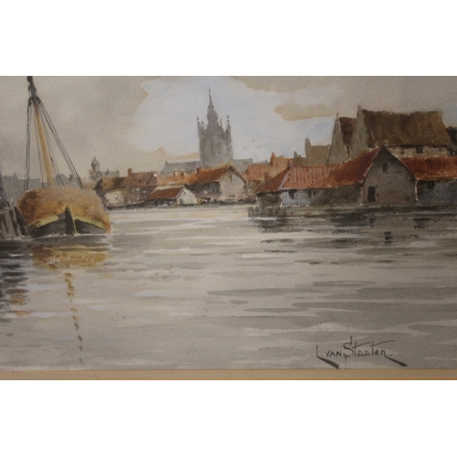 86 - LOUIS VAN STAATEN (XIX-XX). Dutch school, a pair of Dutch river scenes with towns, figures and boats... 