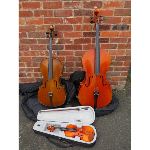 107 - A VINTAGE 1/4 CELLO, A 1/2 SIZE CELLO AND A CASED 1/4 VIOLIN (3)