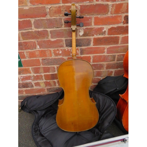 107 - A VINTAGE 1/4 CELLO, A 1/2 SIZE CELLO AND A CASED 1/4 VIOLIN (3)