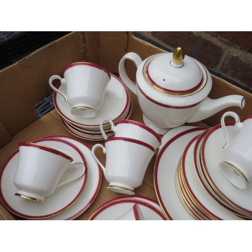 114 - A TRAY OF MINTON SATURN PATTERN TEA WARE, TO INCLUDE TEAPOT, SUGAR, MILK, CUPS & SAUCERS, CAKE PLATE... 