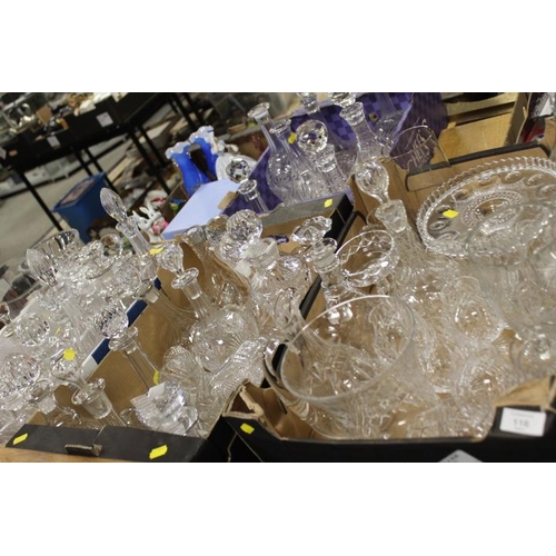 116 - FIVE TRAYS OF CUT GLASS ETC TO INCLUDE OF A LARGE QUANTITY OF ASSORTED DECANTERS