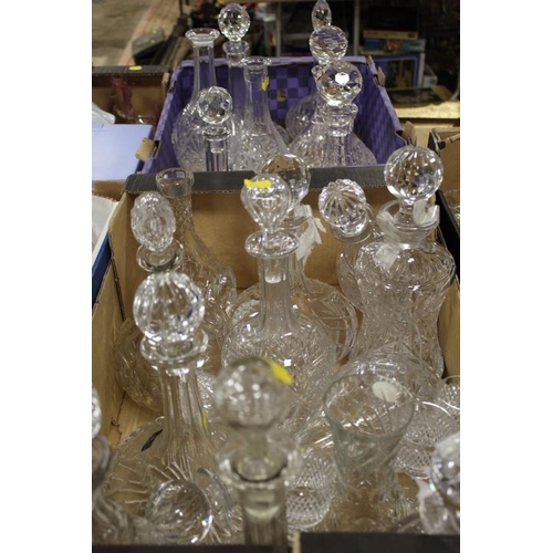 116 - FIVE TRAYS OF CUT GLASS ETC TO INCLUDE OF A LARGE QUANTITY OF ASSORTED DECANTERS