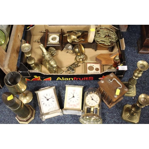 160 - A TRAY OF ASSORTED METAL WARE AND COLLECTABLES TO INCLUDE CARRIAGE CLOCKS AND CANDLESTICKS