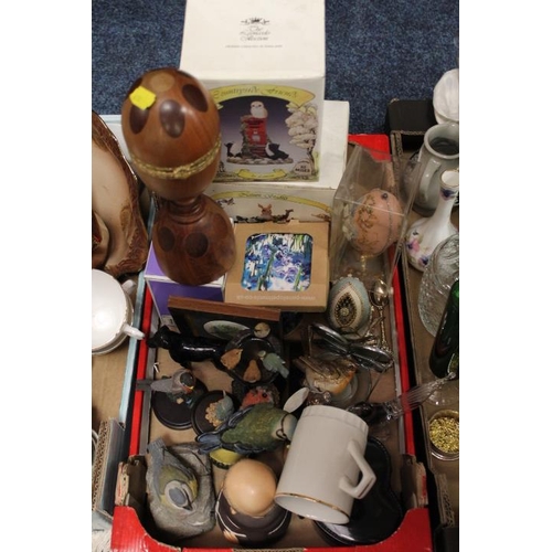 161 - FOUR TRAYS OF ASSORTED CERAMICS & GLASS TO INCLUDE ANIMAL FIGURES