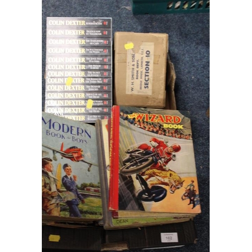 162 - A TRAY OF ASSORTED VINTAGE AND MODERN BOOKS TO INCLUDE AN UNOPENED COLIN DEXTOR BOXSET