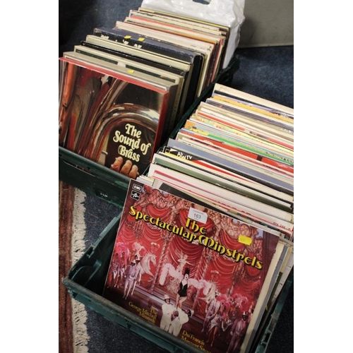 163 - TWO TRAYS OF ASSORTED LP RECORDS TO INCLUDE DUKE ELLINGTON , BILL HAYLEY ETC