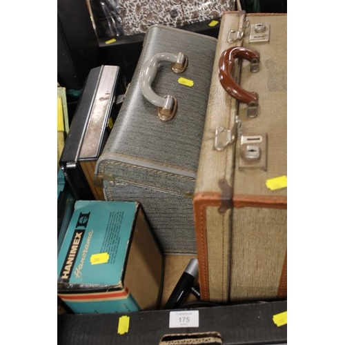 175 - A TRAY OF VINTAGE AUDIO EQUIPMENT TO INCLUDE A CASED SHARP TAPE RECORDER WITH INSTRUCTIONS