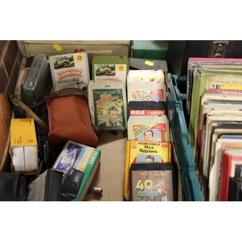 176 - A TRAY OF VINTAGE LP RECORDS TOGETHER WITH A TRAY OF SUNDRIES TO INCLUDE SUPER 8 CASSETTES