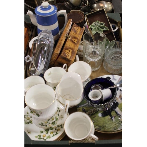 181 - THREE TRAYS OF ASSORTED CERAMICS AND COLLECTABLES TO INCLUDE T G GREEN LIDED JUG, SAUCE BOTTLE