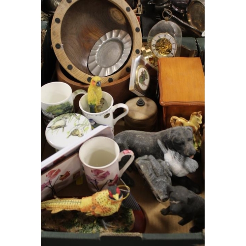 181 - THREE TRAYS OF ASSORTED CERAMICS AND COLLECTABLES TO INCLUDE T G GREEN LIDED JUG, SAUCE BOTTLE