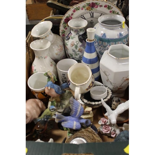 181 - THREE TRAYS OF ASSORTED CERAMICS AND COLLECTABLES TO INCLUDE T G GREEN LIDED JUG, SAUCE BOTTLE