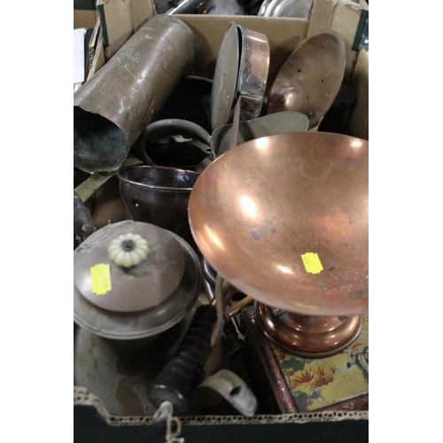 183 - THREE TRAYS OF ASSORTED COPPER AND BRASS TO INCLUDE TRIVETS, CANDLESTICKS ETC