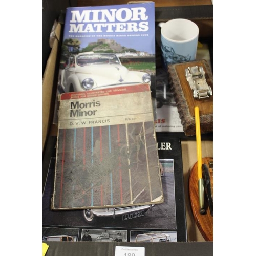 189 - A TRAY OF ASSORTED MORRIS MINOR COLLECTABLES TO INCLUDE ILLUSTRATED CAR SERVICING SERIES FOR OWNER D... 