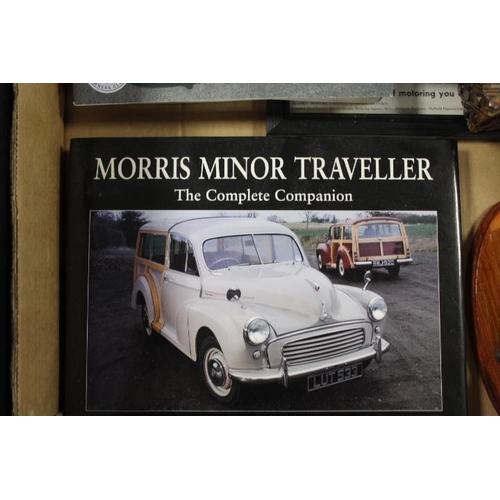 189 - A TRAY OF ASSORTED MORRIS MINOR COLLECTABLES TO INCLUDE ILLUSTRATED CAR SERVICING SERIES FOR OWNER D... 