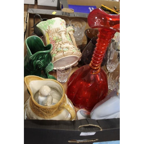 191 - THREE TRAYS OF ASSORTED CERAMICS ETC TO INCLUDE A STAFFORDSHIRE FLATBACK, ORIENTAL VASE ETC