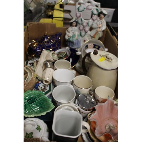 191 - THREE TRAYS OF ASSORTED CERAMICS ETC TO INCLUDE A STAFFORDSHIRE FLATBACK, ORIENTAL VASE ETC