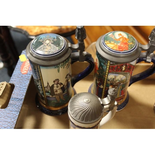 226 - A TRAY OF COLLECTABLE BEER STEINS TOGETHER WITH SMALL TRAY OF LILLIPUT LANE COTTAGES