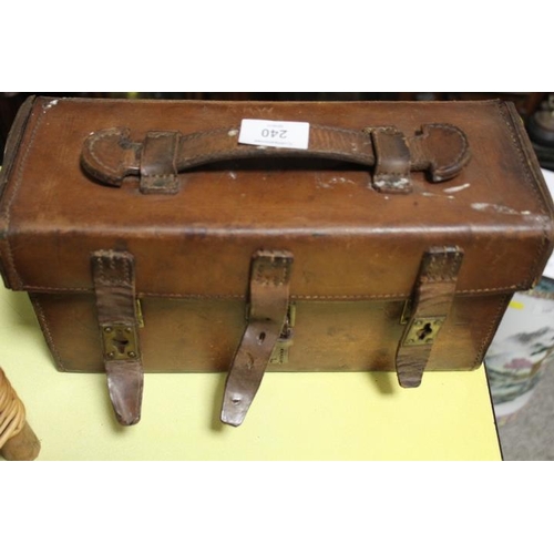 240 - AN ANTIQUE LEATHER CASED SET OF WOODEN TURNED LAWN BOWLS COMPLETE WITH JACK BY THOMAS TAYLOR OF GLAS... 