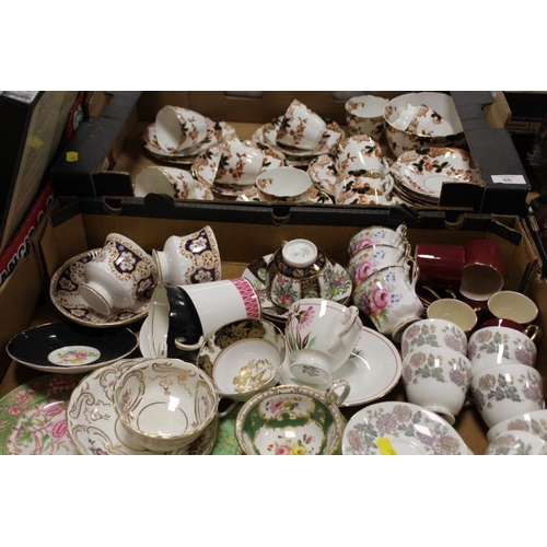 86 - TWO TRAYS OF CUPS AND SAUCERS TO INCLUDE CROWN STAFFORDSHIRE, PARAGON ETC