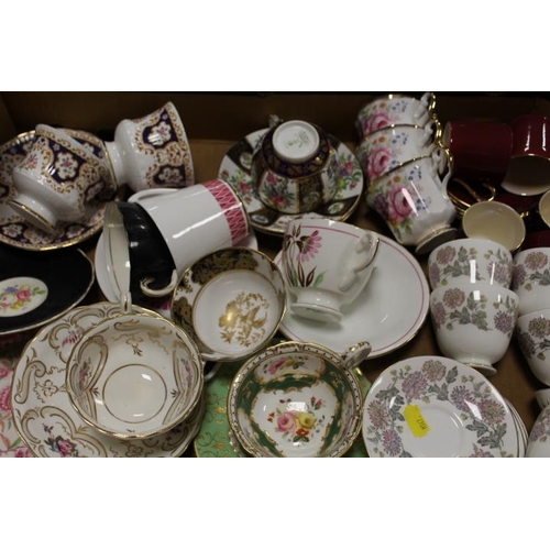 86 - TWO TRAYS OF CUPS AND SAUCERS TO INCLUDE CROWN STAFFORDSHIRE, PARAGON ETC