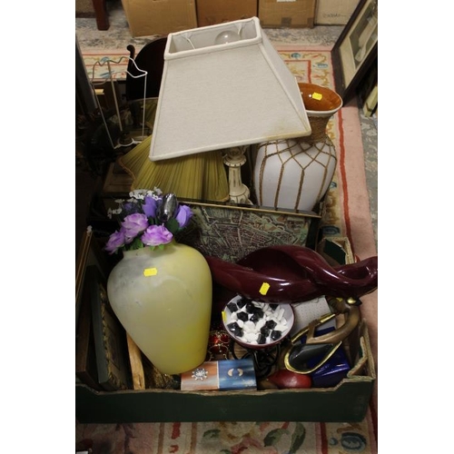 97 - TWO TRAYS OF SUNDRIES TO INCLUDE LAMPS, VASES ETC