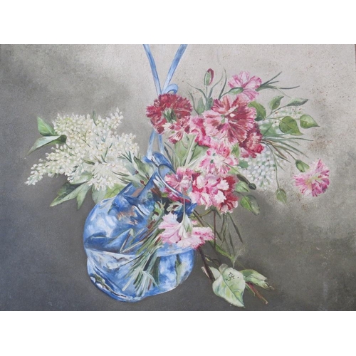 1 - L.A. (XIX-XX). Still life study of flowers in a vase, signed with monogram on leaf lower middle, oil... 