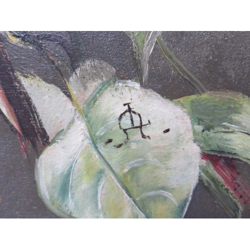 1 - L.A. (XIX-XX). Still life study of flowers in a vase, signed with monogram on leaf lower middle, oil... 