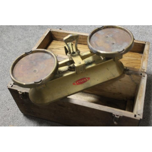 253 - A WOODEN CASED SET OF SCALES AND WEIGHTS UNCHECKED