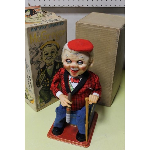 264 - A ROSKO VINTAGE BATTERY OPERATED MR McGREGOR FIGURE TOGETHER WITH A BATTERY OPERATED FIGURE OF A PAI... 