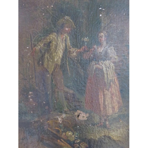 3 - (XIX). Continental school, young man giving a young woman flowers, unsigned, oil on canvas, framed, ... 