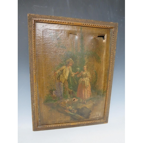 3 - (XIX). Continental school, young man giving a young woman flowers, unsigned, oil on canvas, framed, ... 