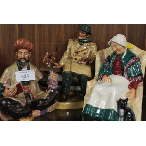 323 - THREE ROYAL DOULTON FIGURES - LUNCHTIME, FORTY WINKS AND OMAR KHAYYAM