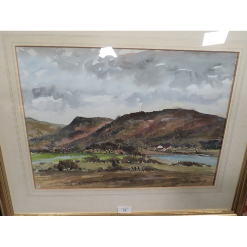 15 - A FRAMED AND GLAZED WATERCOLOUR OF HILLSIDE LAKE SCENE SIGNED LOWER RIGHT BELL FOSTER