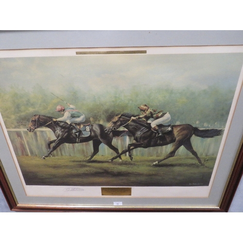 16 - A LARGE FRAMED AND GLAZED PRINT OF PAT EDDERY RIDING DANCING BRAVE SIGNED BY HIM AND ARTIST MAX BRAN... 