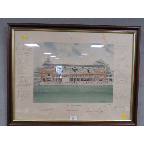 17 - A FRAMED AND GLAZED PRINT OF LORDS SIGNED BY MANY CRICKETERS TO INCLUDE MIKE GATTING , MALCOLM MARSH... 