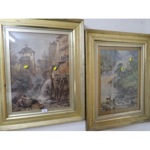 44 - A NEAR PAIR OF GILT FRAMED WATERCOLOURS DEPICTING AN ALPINE RIVER SCENE & ANOTHER (2)