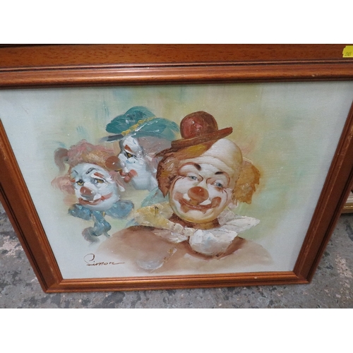 47 - A COLLECTION OF FIVE ASSORTED PICTURES TO INC A CLOWN OIL