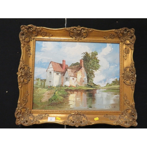 51 - A GILT FRAMED IMPRESSIONIST OIL ON CANVAS OF A HOUSE BY A MILL POND BY JACK MOULD