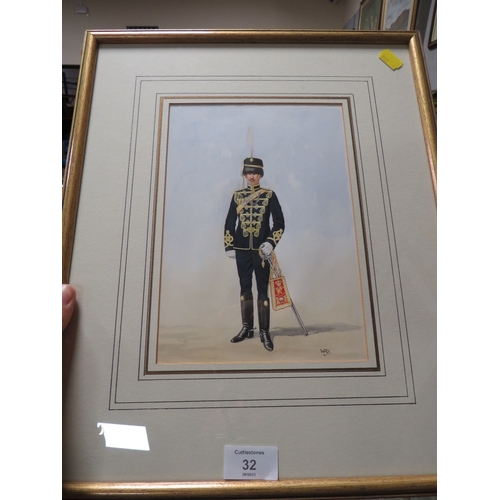 32 - A FRAMED AND GLAZED WATERCOLOUR OF A SOLDIER IN REGIMENTAL UNIFORM, INITIALS WRJ LOWER RIGHT