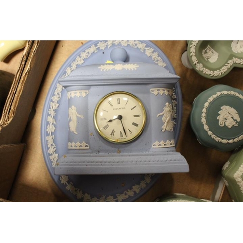 101 - A TRAY OF ASSORTED WEDGWOOD JASPERWARE TO INCLUDE A DANCING HOURS STYLE CLOCK