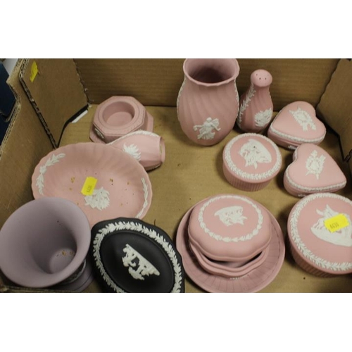 103 - TWO SMALL TRAYS OF CERAMICS WEDGWOOD PINK JASPER WARE AND WEDGWOOD PETER RABBIT ETC